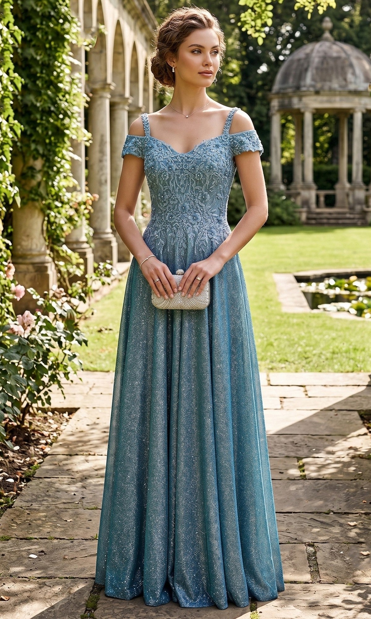 A woman wearing the Chicas J169 Long Prom Dress in blue, featuring an off-the-shoulder neckline and a glittery A-line skirt, stands on a stone path in a garden, holding a silver clutch with greenery and a stone pavilion in the background.